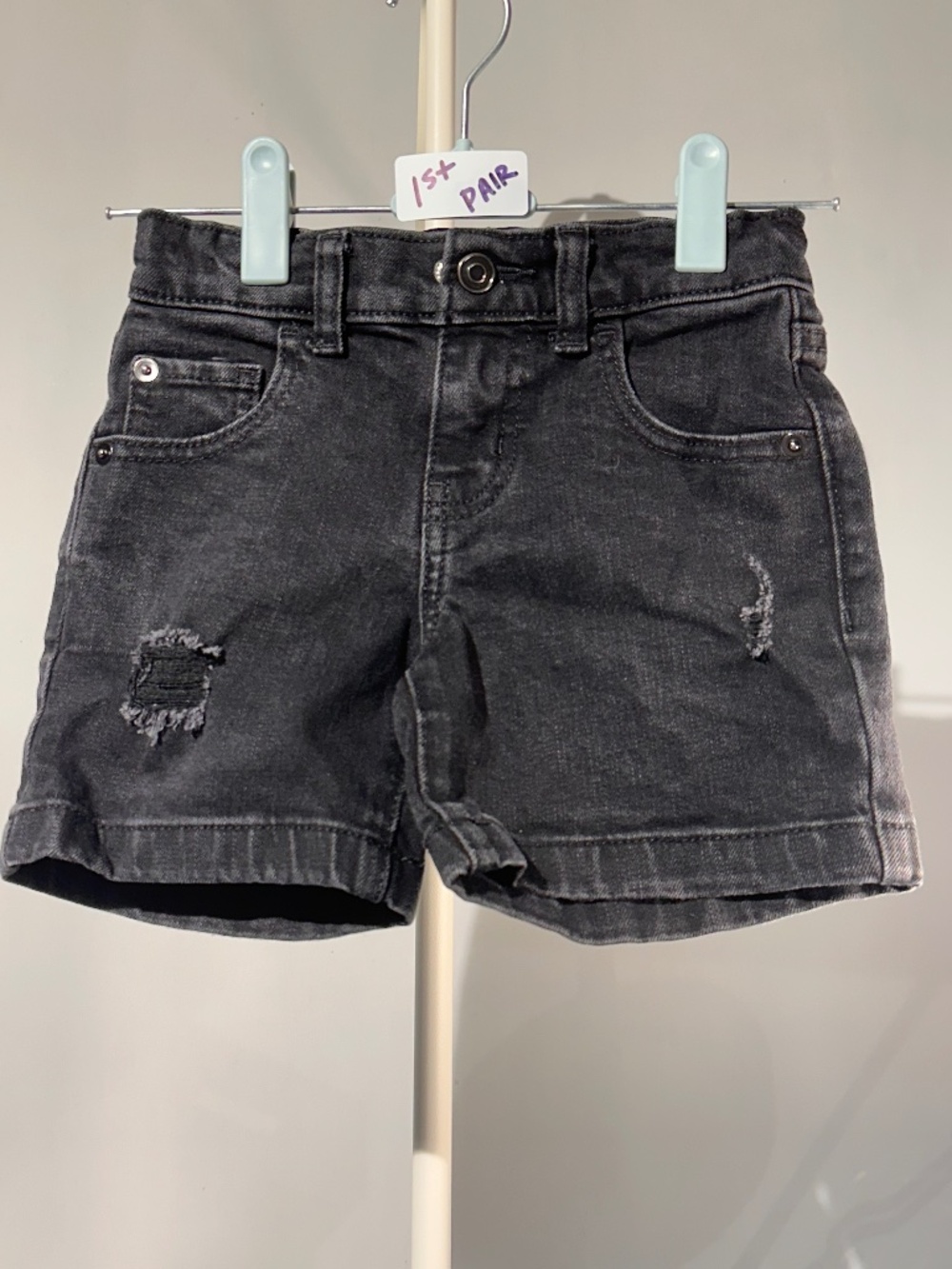 2 pair Boys Distressed Black Jean Shorts, sz 5 (A55, A56)